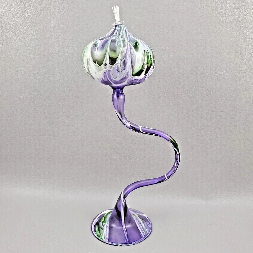 Flame Glow Oil Lamp Penco Hand Blown Glass Intertwined Stems Candle Purple Green